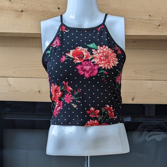 Floral Tank Top with polka dots Black and Pink spaghetti strap Crop Size Medium - Picture 4 of 10